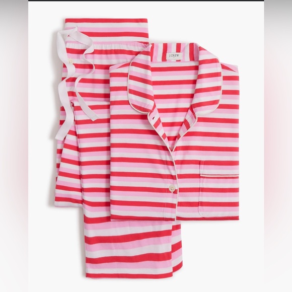 J. Crew Other - J.Crew 100% Cotton Pink Red Striped Knit Pajama Set Pants Long Sleeve Medium (P)